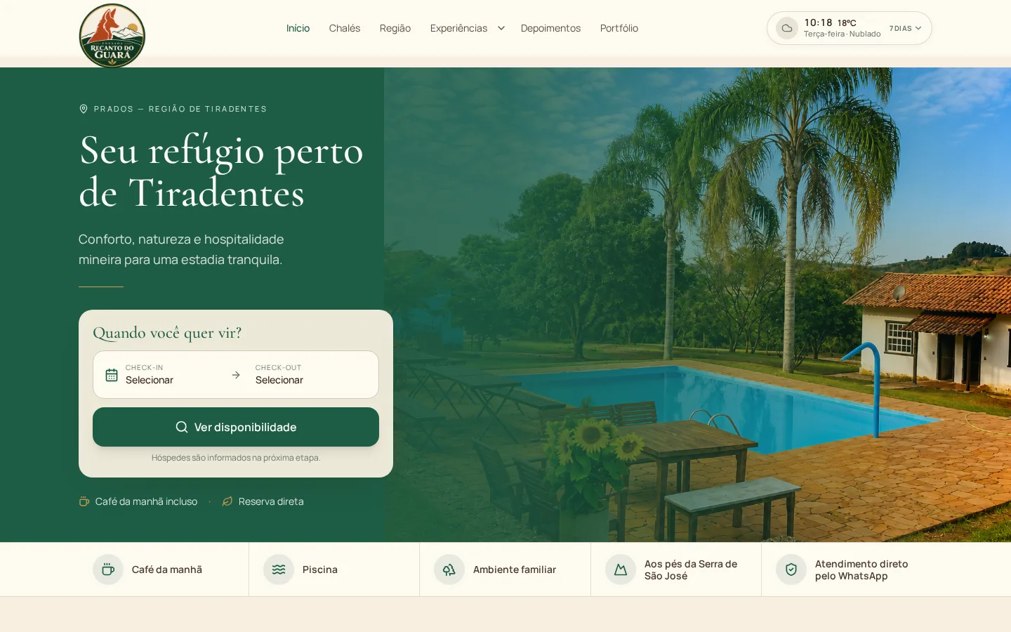 Site da Pousada Recanto do Guará com busca de datas e reserva direta, criado pela Estadia Direta